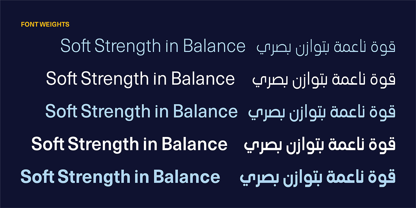 أوزان الخط الطباعي "الحلم" الخمسة" حيث تتدرج بين النحيف حتى السميك